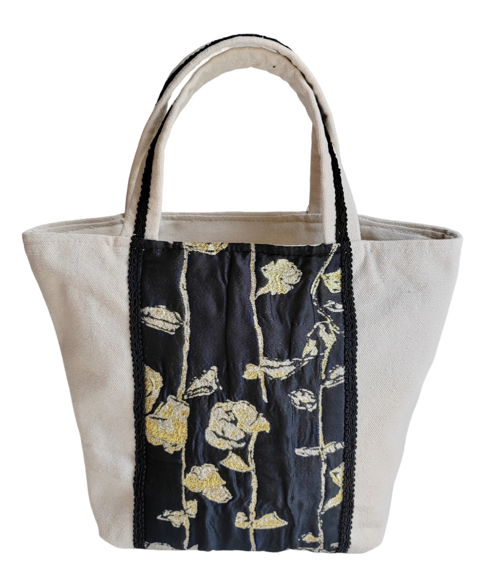 Lovely unique one-of-a-kind summer tote bag handbag of printed multicolor flower pattern sold linen/creame white leather