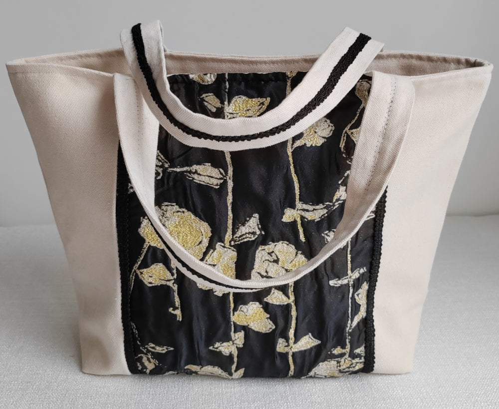 Embroidery Floral Pattern Tote Shoulder Linen Casual Bag for Shopping Beach Travel