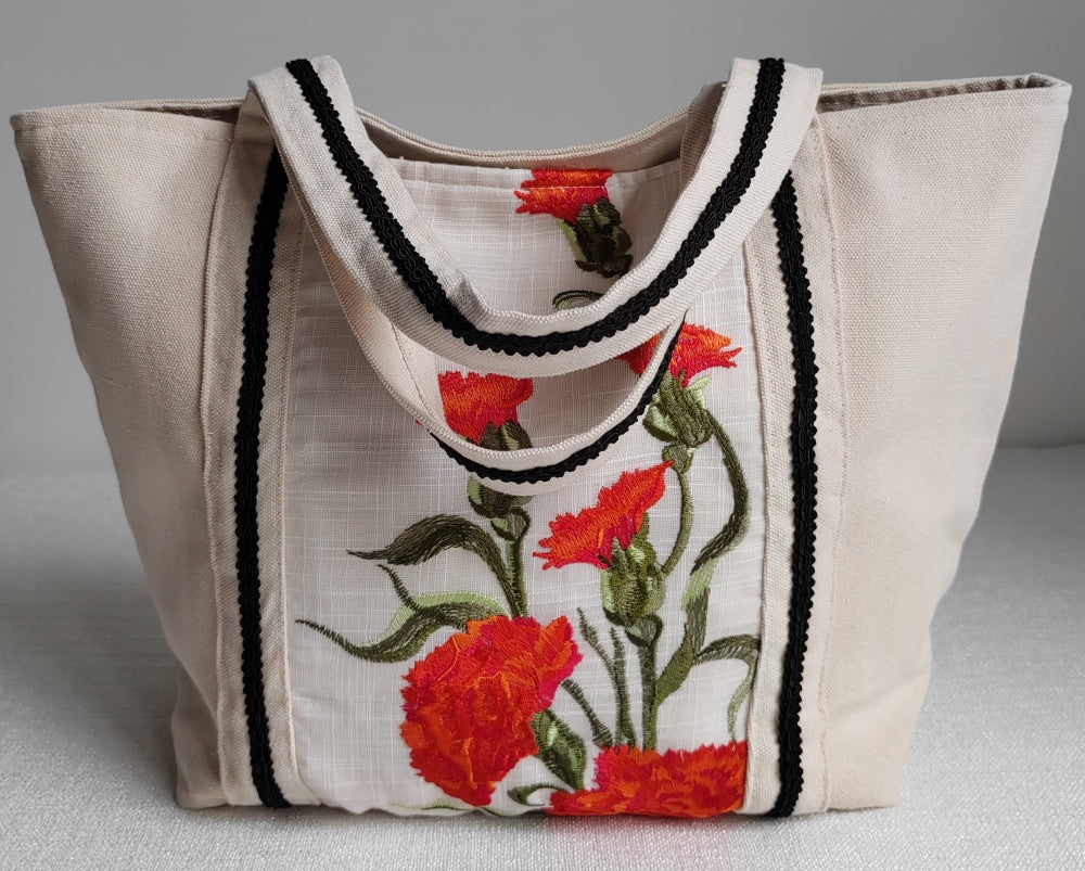 Embroidery Floral Pattern Tote Shoulder Linen Casual Shopping Bag